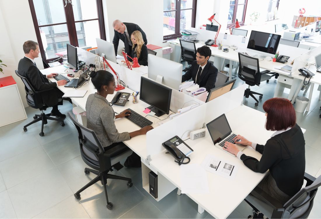 Office workers in a busy publishing company finding the advantage of using a self-serve advertising platform.